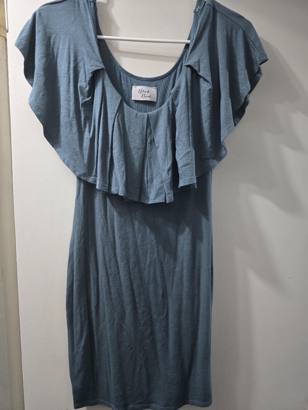 Black Bead Slate Blue Pleated Neckline Top